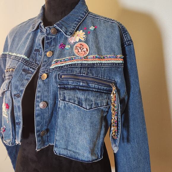 CUSTOM NWT Embroidered Western Denim Cargo Jacket, Size Large - Picture 9 of 14